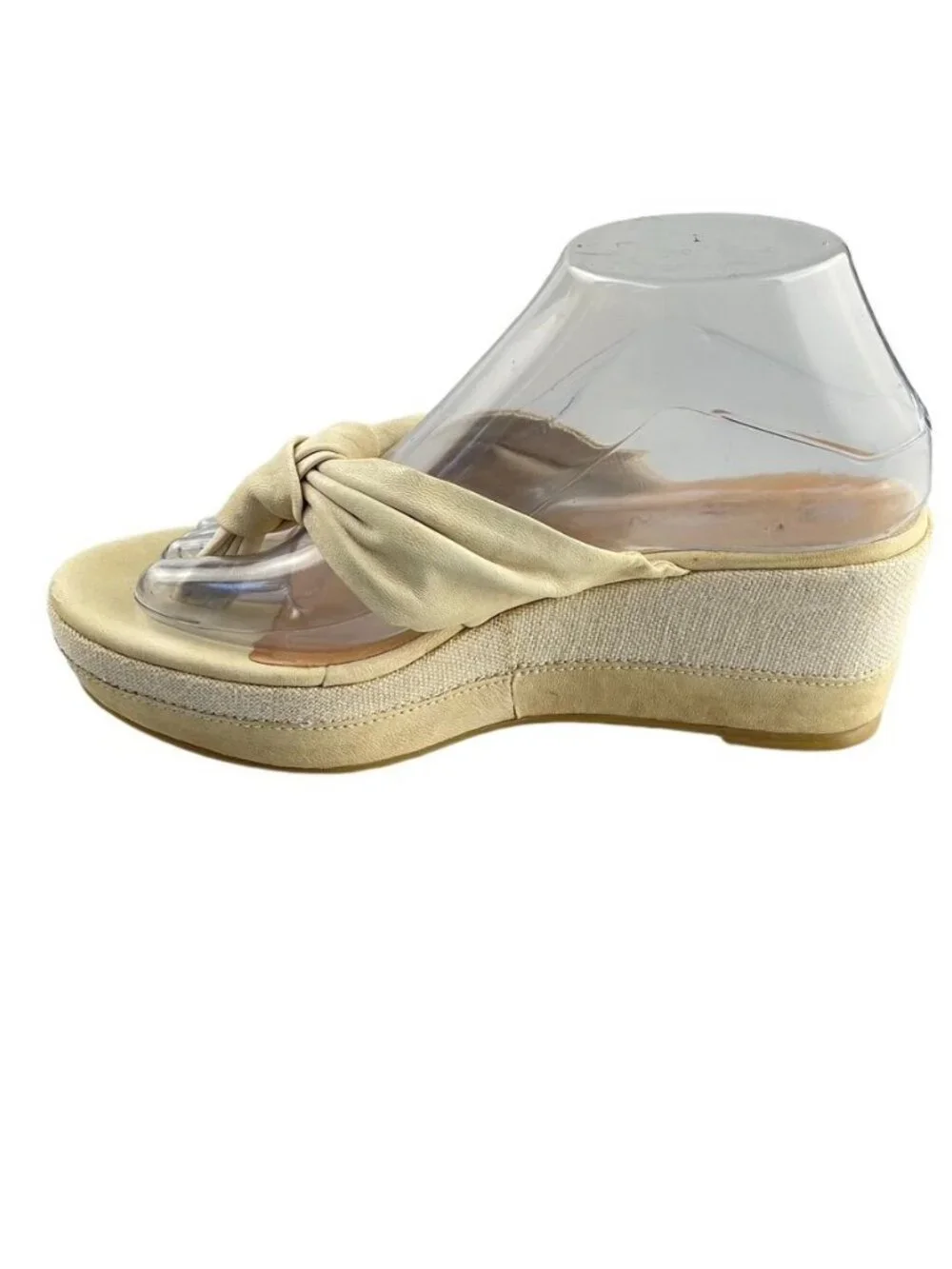 One of Two TPU SOLE Platform Wedge Thongs Leather-Linen Ivory Women Eu 38 US 7